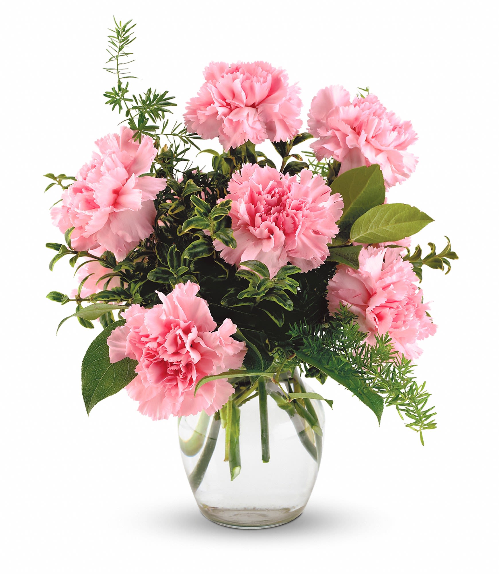 Pink Notion  - Pure, long lasting enjoyment in a simple glass vase of carnations and mixed foliages. The perfect little treasure to show someone you care.  
