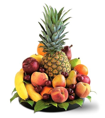 Delightful Fruit Tray Delightful Fruit Tray - Nothing brightens up a work week better than this delightful tray full of fresh fruits. Great for office or home. Apples, bananas, oranges and pineapple arrive in a low round tray. Approximately 15" W x 18" H