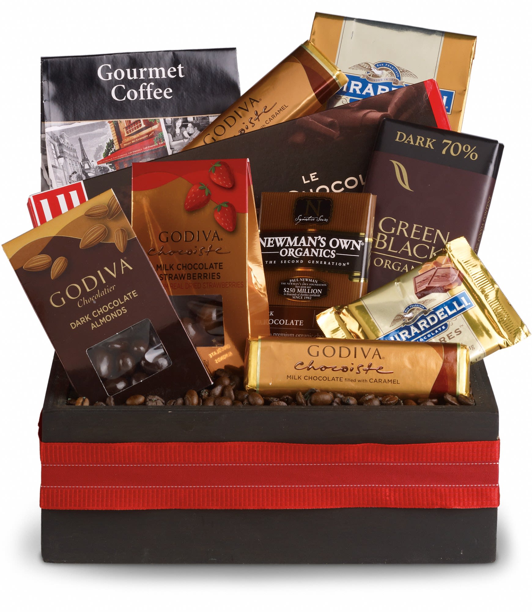 Luxurious Indulgence - If we had to sum up this luxurious basket in one word, there's no question the word is WOW! Every kind of luxurious chocolate, including chocolate-covered strawberries and chocolate covered almonds. Of course no adult indulgence would be complete without some gourmet coffee to go along with it, so we've included that too, just for good measure!      Gourmet chocolate bars, cookies, chocolate-covered almonds and strawberries, even more chocolate bars and bags, plus gourmet coffee are deliciously placed inside a ribbon-wrapped wooden box. This gift really raises the bar on luxury indulgences! Approximately 12&quot; W x 12 1/2&quot; H  