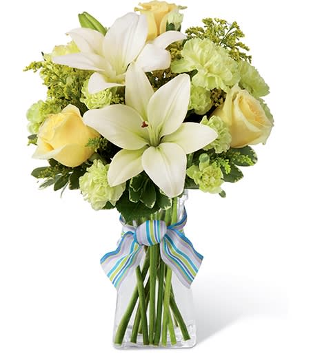Boy Oh Boy Boy Oh Boy - The Boy-Oh-Boy Bouquet employs roses and Asiatic lilies to send your bright and sunny congratulations on the birth of their new baby boy! Yellow roses and carnations are brought together with pale green mini carnations, white Asiatic lilies, yellow solidago and lush greens exquisitely arranged in a clear glass gathered square vase. Accented with blue and lavender wired ribbon, this bouquet creates a wonderful way to send your warmest wishes for the adventure of parenthood ahead. Approximate Size: 11"w x 14"h