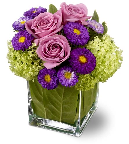Simply Charming - Amethyst-hued roses and asters are set against a backdrop of soothing green blossoms, and a leaf-lined glass cube vase adds a modern touch. This precious bouquet is a charming gift for friends, family members or business associates, and is just right for home or office.  