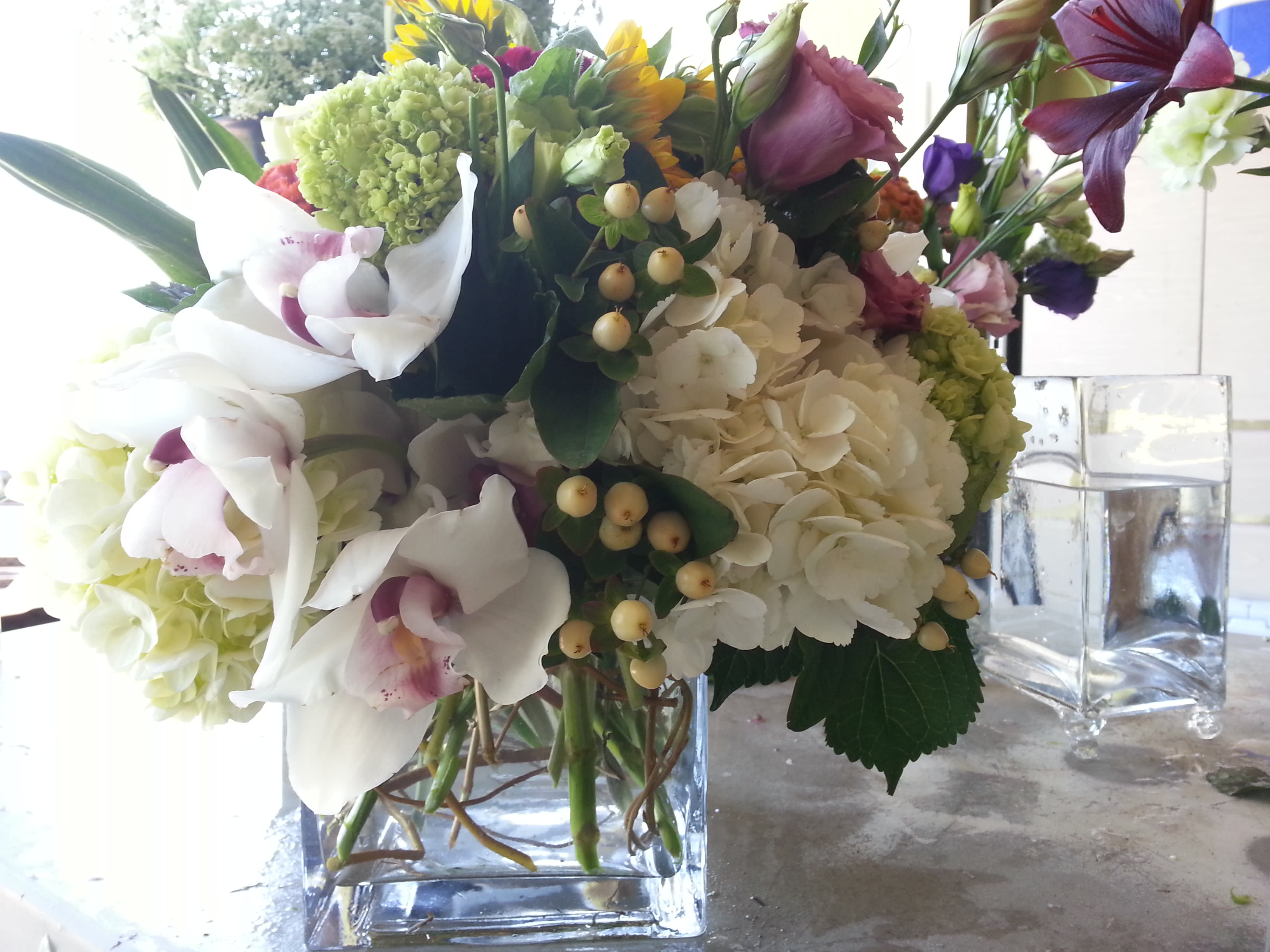Love Grows Love Grows - White hydrangeas, white cymbidium orchids, hypericum berries, miniature green hydrangeas, lisianthus designed into clear glass vase.