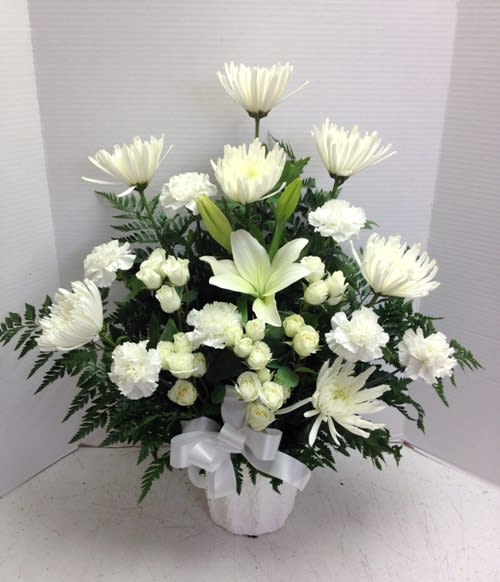 Traditional And Unique White Funeral Arrangement By Roadrunner Florist Send the white funeral wreath bouquet of flowers from the flower bar design in basehor, ks. traditional and unique white funeral arrangement by roadrunner florist