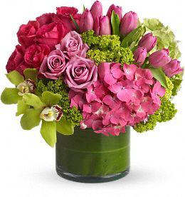 Flushy Femme - mix refresh bouquet of tulips, roses, hydrangeas and a small touch of cymbidium. 
