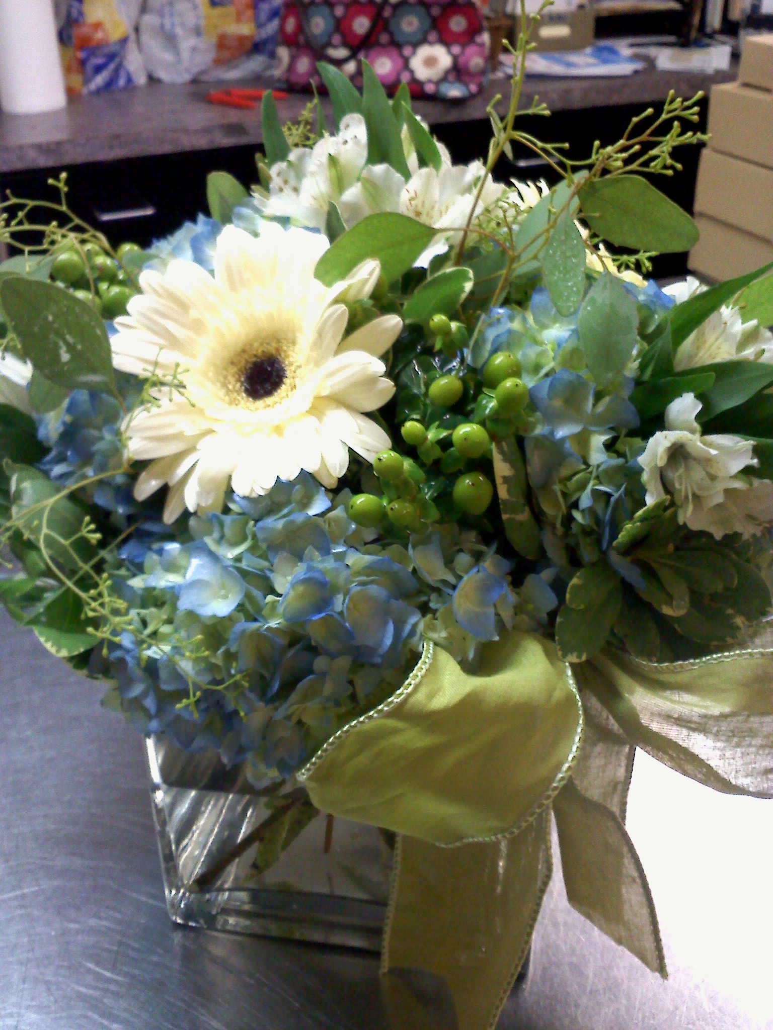 square cube with hydrangeas and gerberas by Always In Bloom, LLC