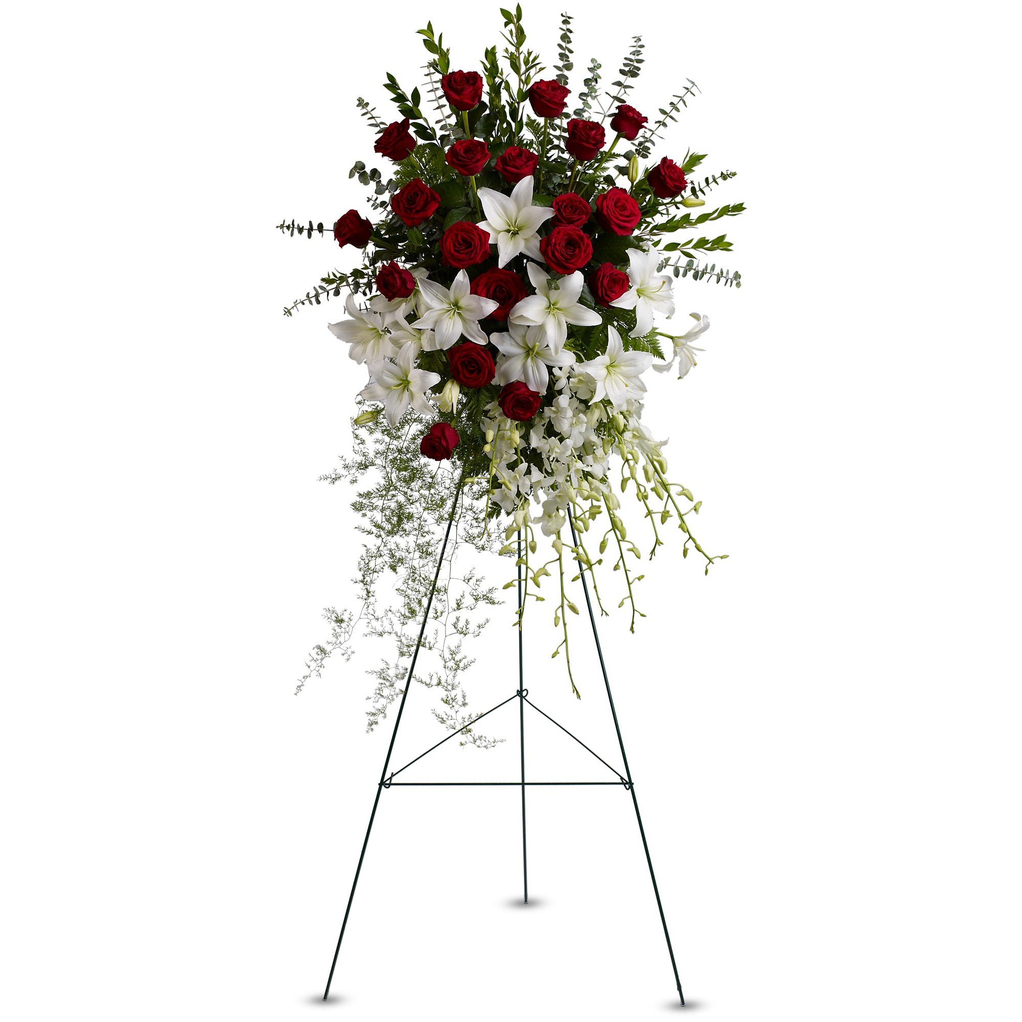 Lily and Rose Tribute Spray by Teleflora - Shown as Standard Pure white lilies and dendrobium orchids mingle with red roses, white asiatic lilies and more in this magnificent and impressive standing spray of the finest blooms. A fitting tribute for a funeral, wake or memorial service. Appropriate for the service *We custom design this arrangement and use the freshest flowers available the day of delivery. The arrangement in this picture is an example of the size and style and may not feature the exact product shown.* 