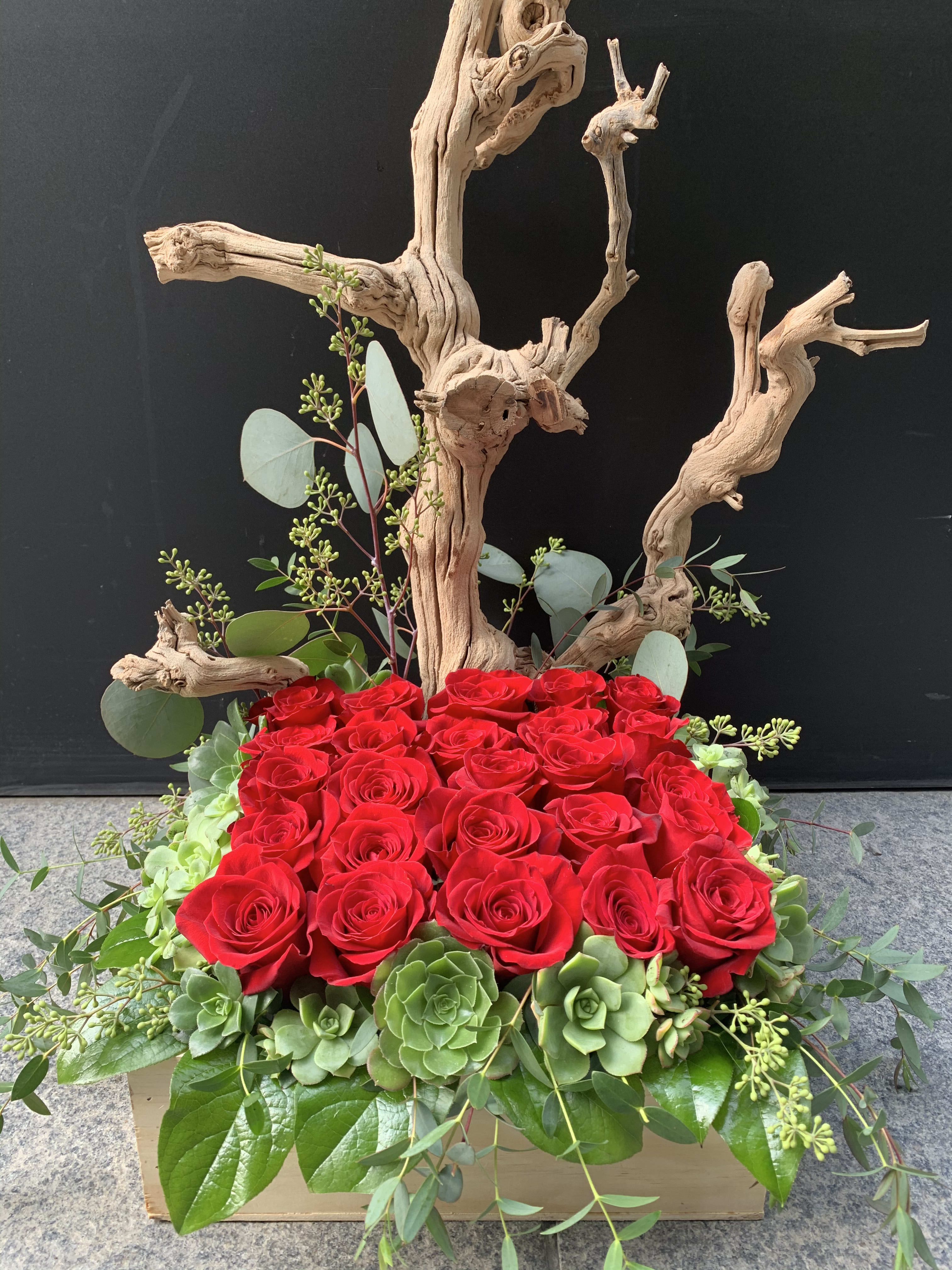 NAPA VALLEY  - Absolutely stunning,design in Woodbox accent with a real grape  tree  fill with premium red roses available in other color roses