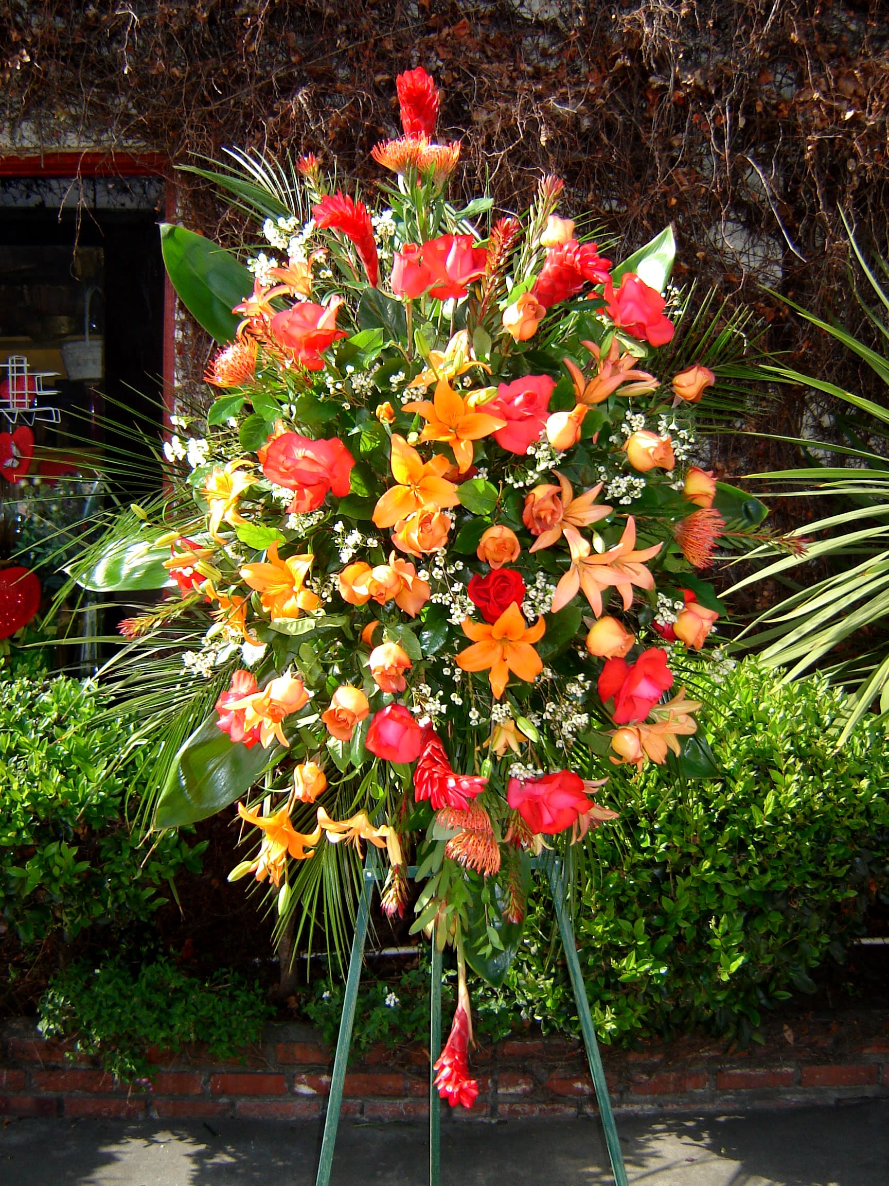 Vibrant Vibrant - An Explosion of red and orange with roses, lilies, protea and ginger in this funeral easel arrangement.