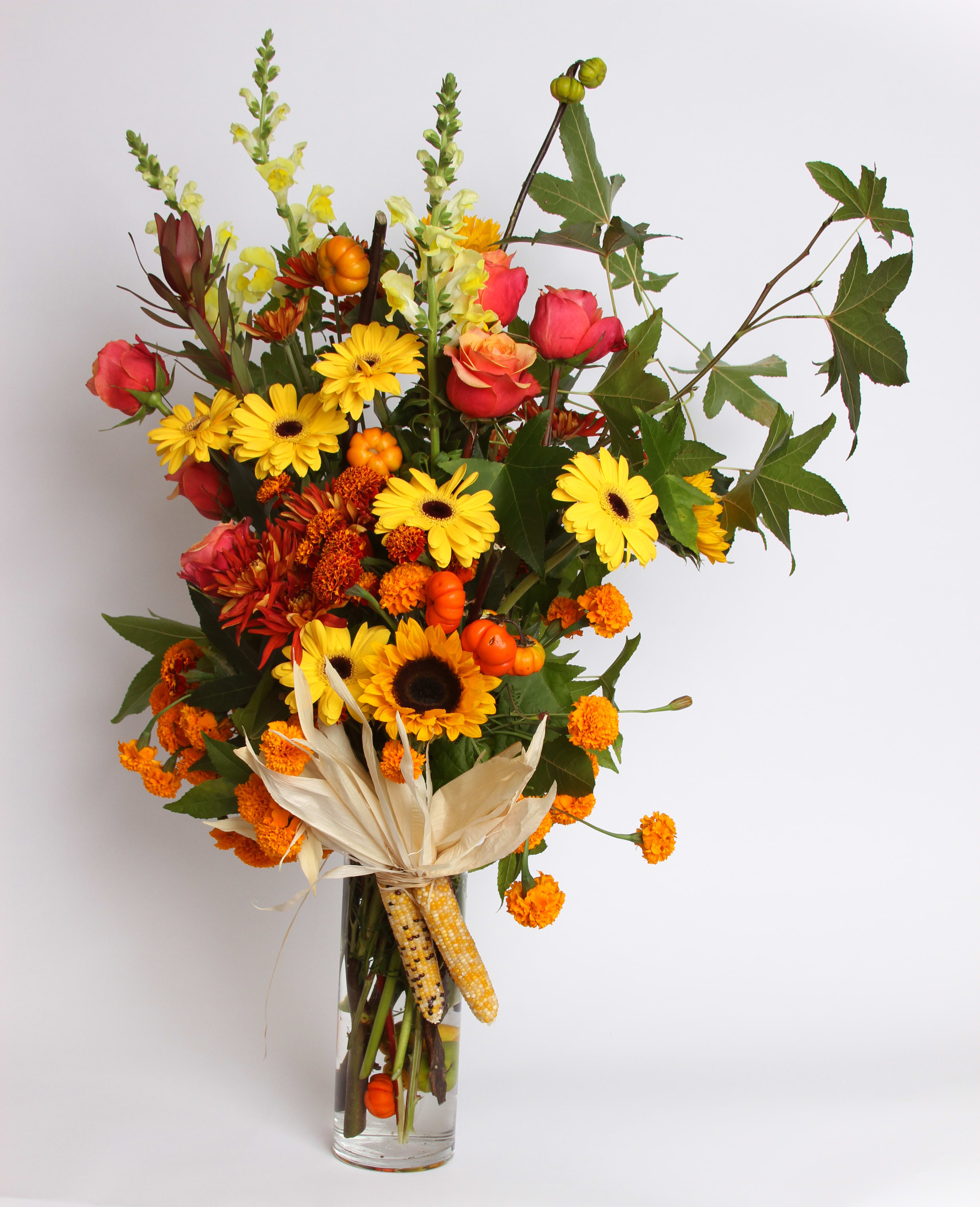 perfect Fall - Sunflower, mums, Roses, mini Pumpkins, Gerberas, Safari, Corn, ....