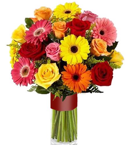 Gerbers and Roses Gerbers and Roses - A vibrant assortment of colorful roses and gerbera daisies designed in a crystal clear vase with burgundy satin ribbon.