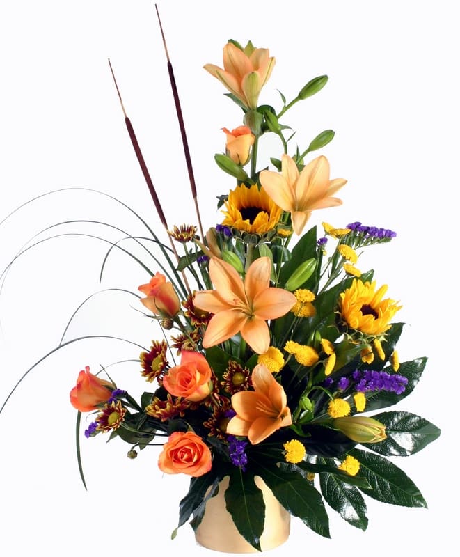 Autumn Autumn - Lift someone's spirits today with this elegant design of fresh Sunflowers, Roses, Chrysanthemums, cattails, and more in a keepsake ceramic cylinder. The deluxe size also includes spectacular Dutch lilies. Upgrade to the premium size and we will also add tropical birds of paradise in vivid colors of purple and orange!