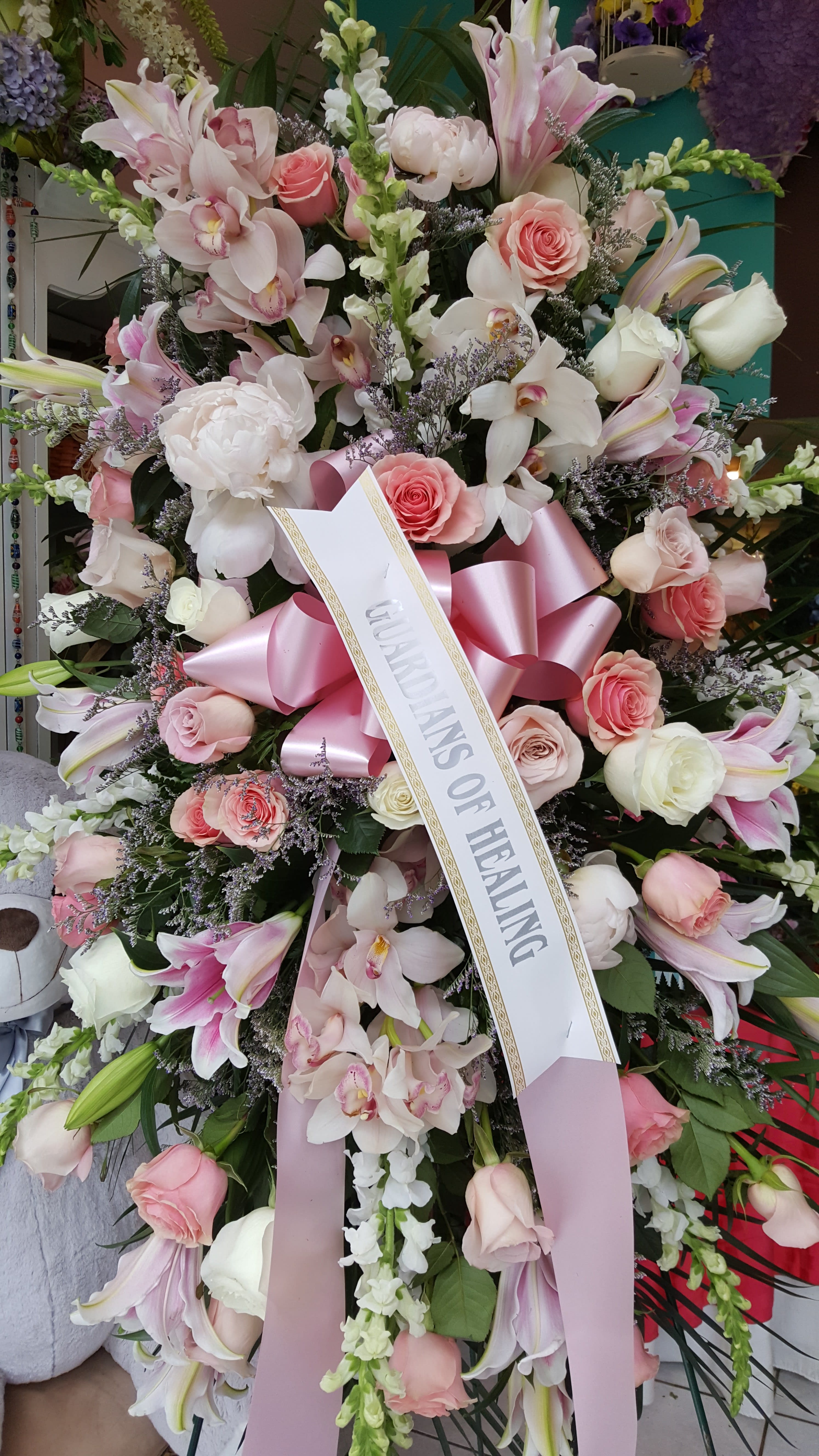 spray - pink roses, white roses, pink lilies and white snap dragon