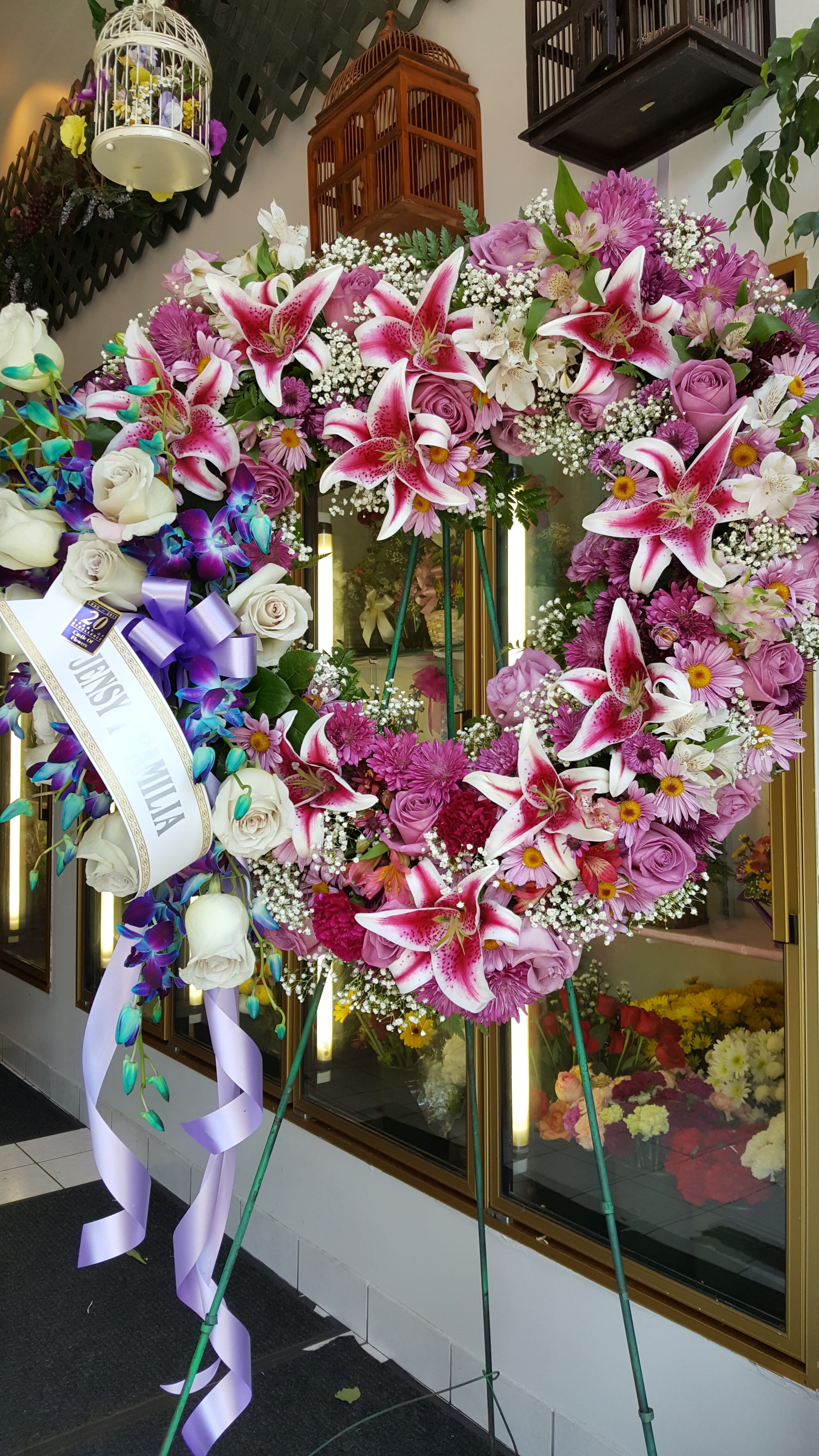 open heart open heart - pink lilies, lavender roses, lavender daisies, white roses and purple dendrobium