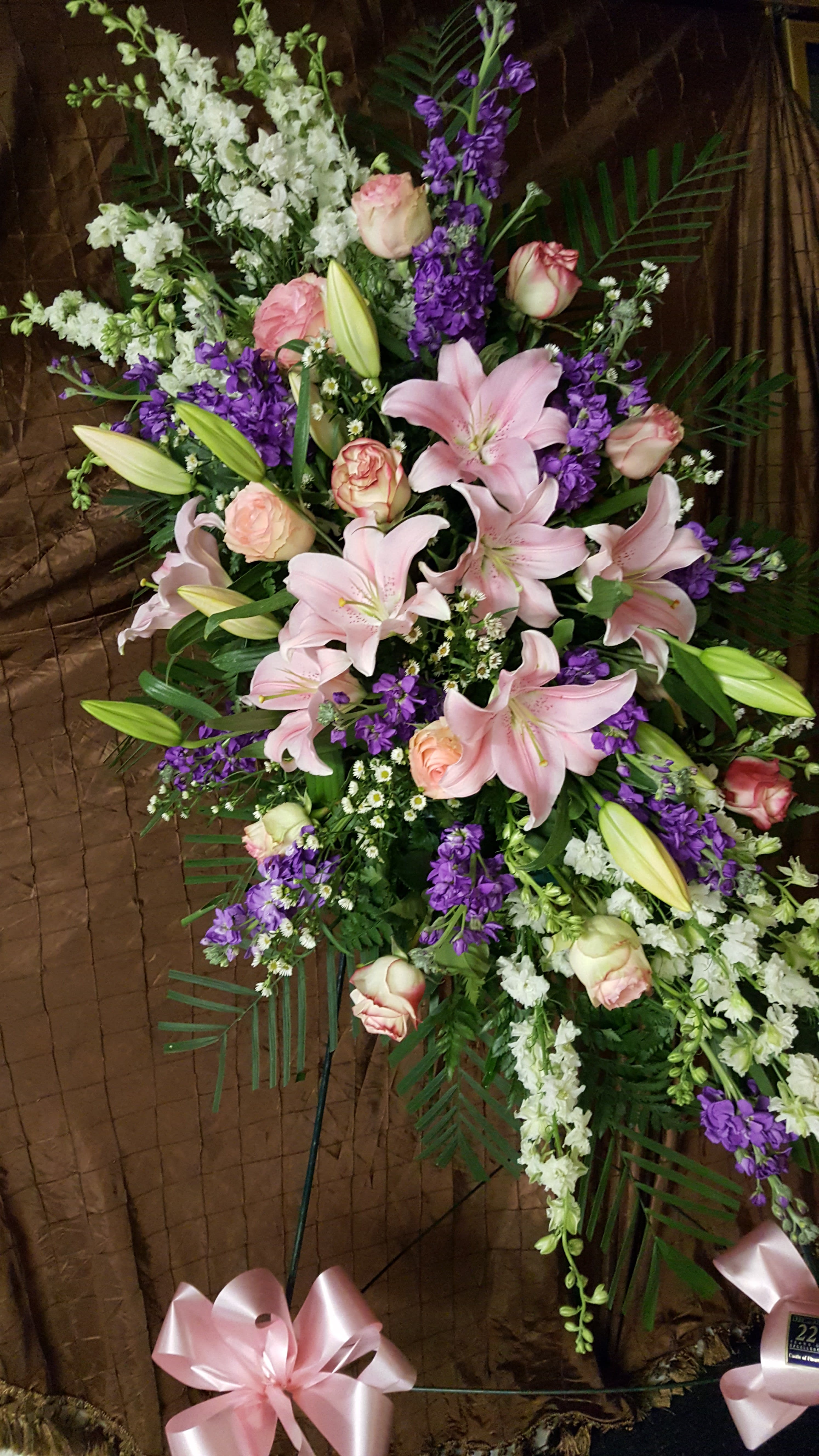 pink and lavender spray - pink lilies, white monte casino, pink roses, white larkspur, purple stock