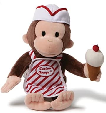 CURIOUS GEORGE ICE CREAM - CURIOUS GEORGE ICE CREAM: This sweet plush version of George is ready to serve up some sweet treats in a white hat &amp; striped apron. He even holds a yummy-looking ice cream cone topped with a cherry! SOFT &amp; HUGGABLE: Made from a soft, huggable material that meets famous GUND quality standards, this plush toy features surface-washable construction for easy cleaning. Appropriate for ages 1 &amp; up. THE PERFECT GIFT: Our plush dolls, teddy bears, &amp; stuffed animals make perfect gifts for birthdays, baby showers, baptisms, Easter, Valentine's Day &amp; more! Gift a lifetime of hugs with a GUND. QUALITY CUDDLES: Known for quality, soft, huggable plush designs &amp; gifts, our award-winning bears &amp; toys appeal to all ages, from infants &amp; toddlers to adults, perfect for play, collecting &amp; cuddling. PREMIER PLUSH: The oldest maker of soft toys in America, GUND was one of the first companies to produce a teddy bear. For over 120 years, GUND has been creating unique teddy bears &amp; stuffed animals recognized worldwide for their quality and innovation.