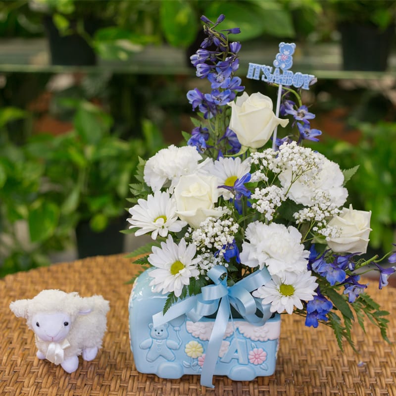 welcome baby boy flower arrangement