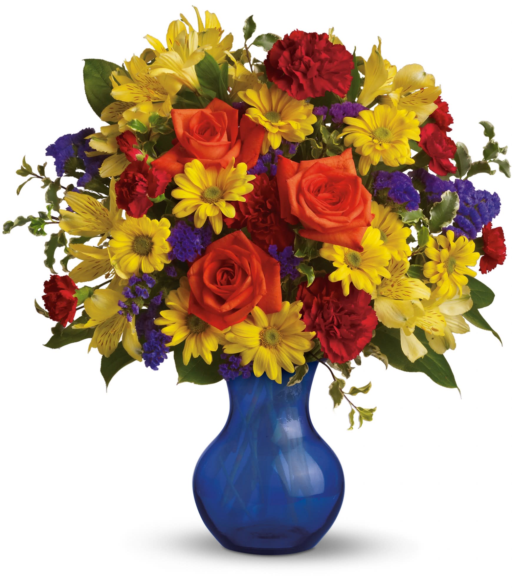 Teleflora's Three Cheers for You! Teleflora's Three Cheers for You! - Three cheers for the season's happiest flowers in a rich cobalt blue vase! Beautifully arranged and beautifully priced, this delightful bouquet makes a brilliant birthday gift. It's also a great way to say "I'm thinking of you."