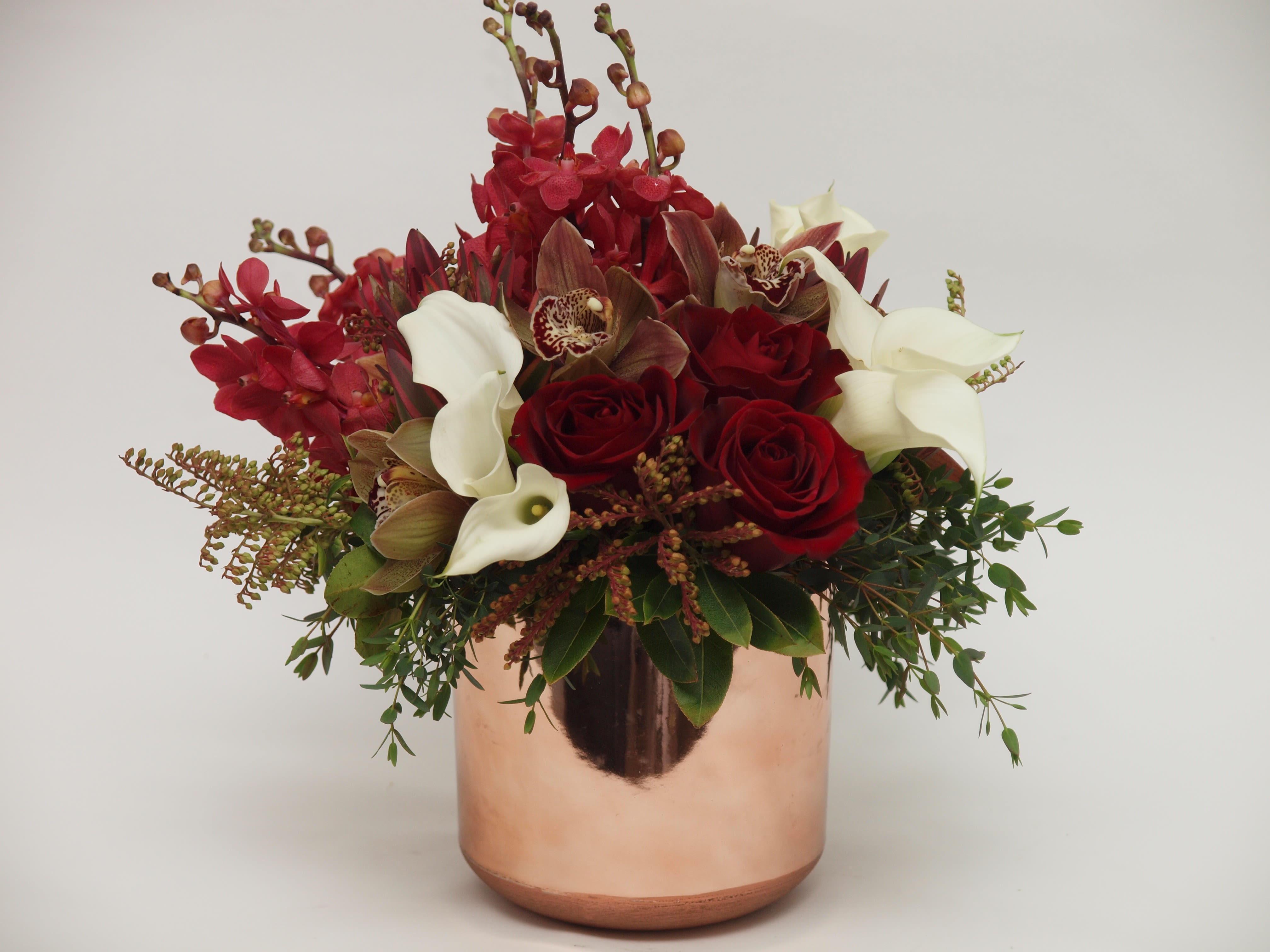 rose gold roses rose gold roses - premium florals of burgundy, blush, and ivory in rose gold container