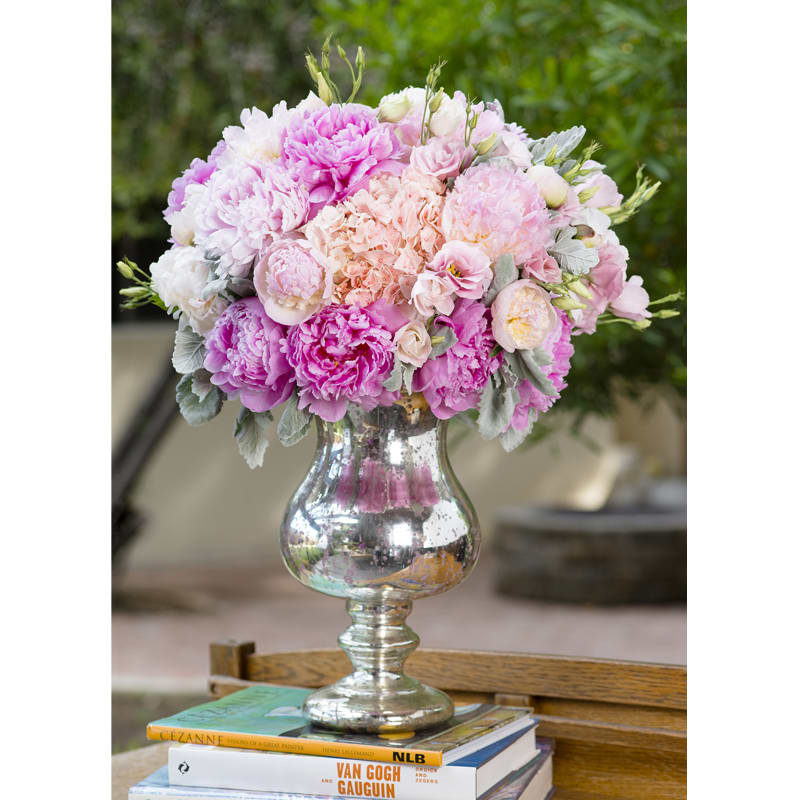Mana - Various peonies in  classy, authentic mercury glass vase. This adorable and gorgeous arrangement is ideal for special occasions like weddings, engagement parties, wedding showers, Valentine's Day, or just because.   *Similar arrangement can be created when peonies are not in season.  *peonie season is late May or June 