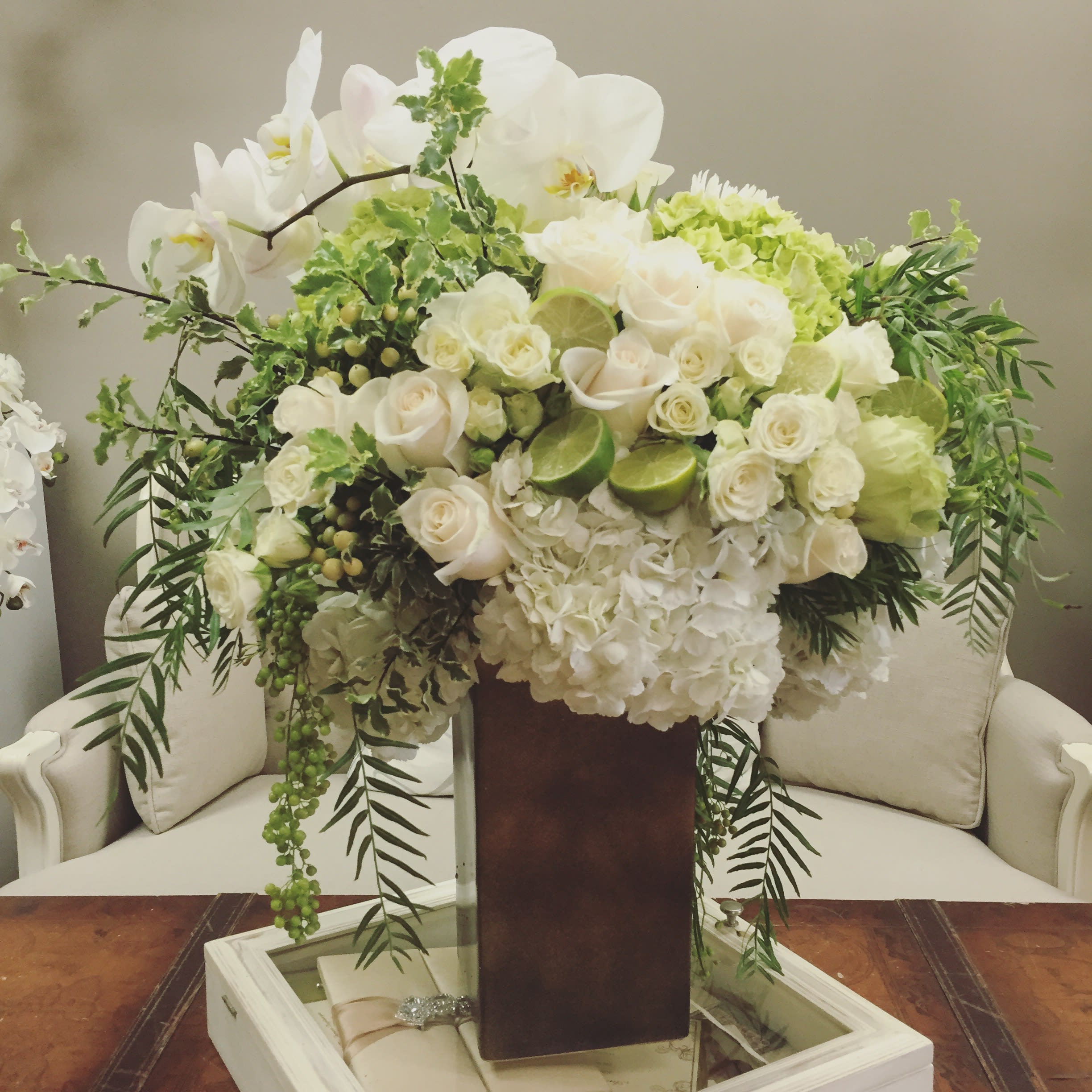 Limes Limes - Fun arrangement with berries and fruits. We used berries and limes for this white and green combination. Any fruits will work for surprising and fresh look.