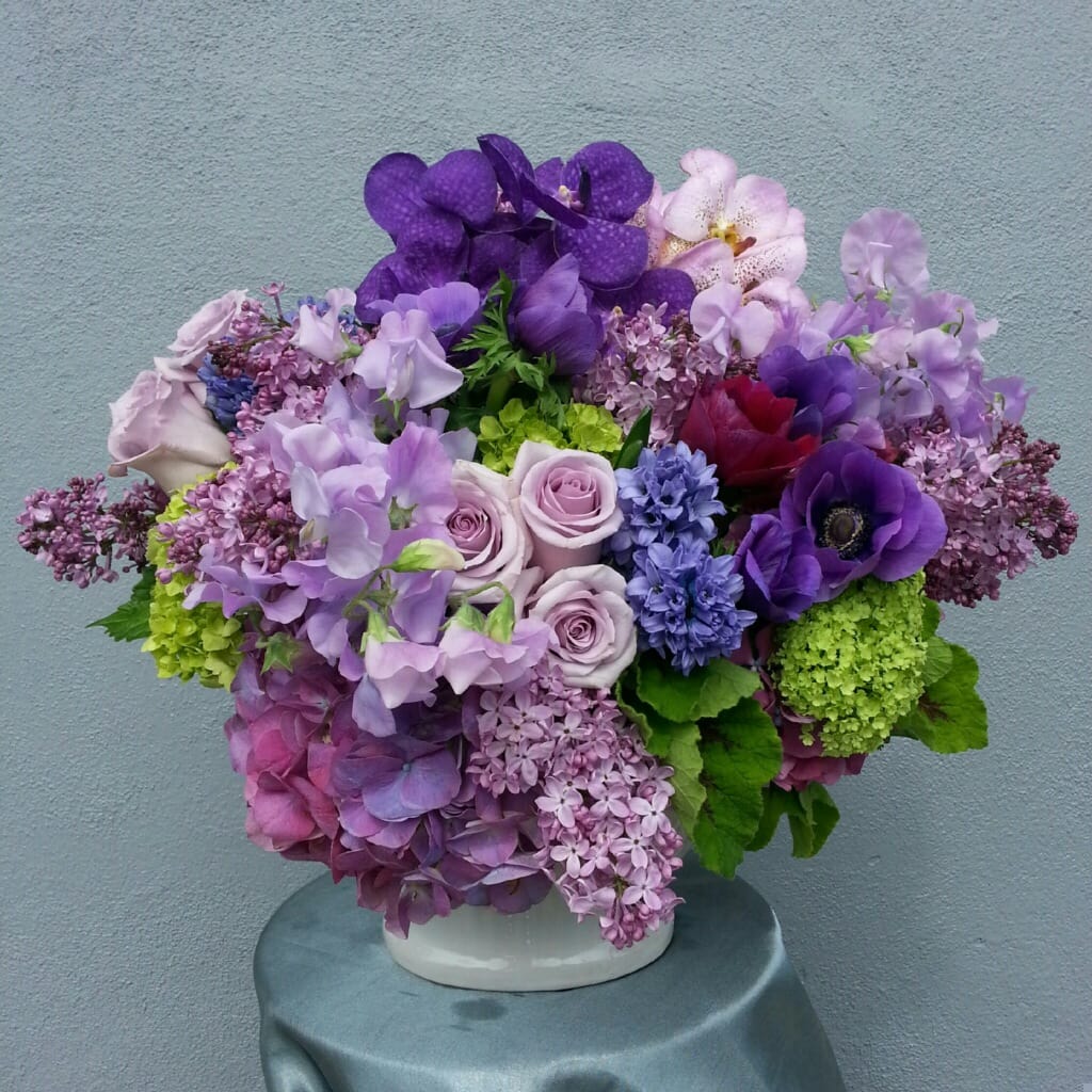 Velvet Garden - Lilac, Anenome, Purple Roses, Hydrangea, Hyacinth,Vanda Orchids,Vibernum, Sweet Peas.