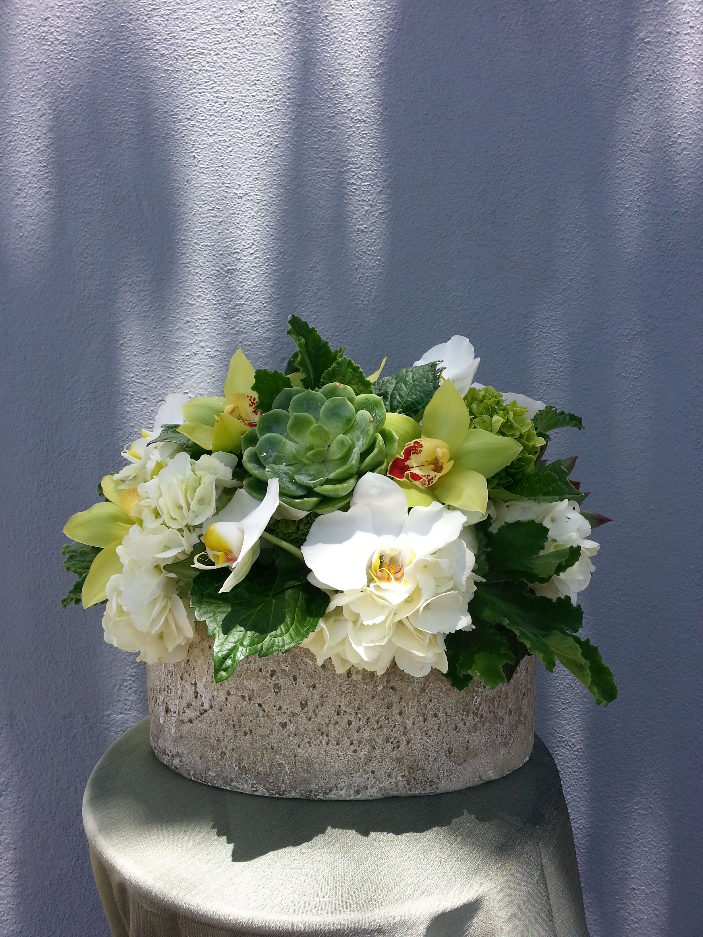 Morning dew - Hydrangea roses orchids and succulents  in stone container