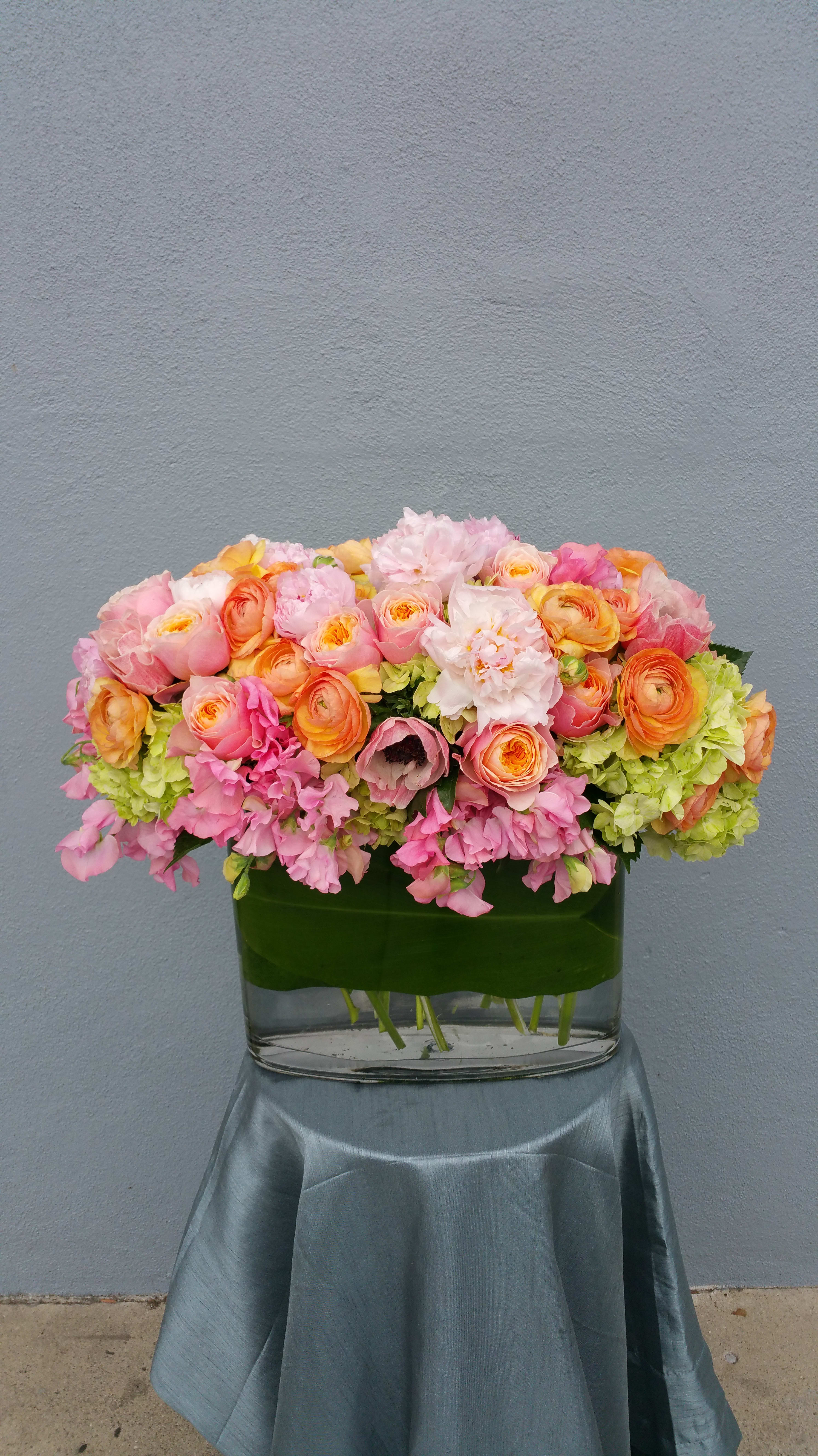 Findley Layne garden  - Green hydrangea sweet peas ranuculas peonies and roses