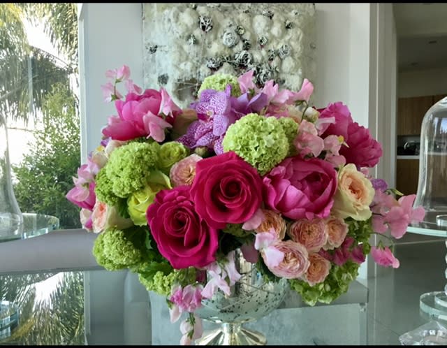 A Delightful Day - green hydrangeas, sweet peas, hot pink,greens roses,  vanda orchids, peonies if available