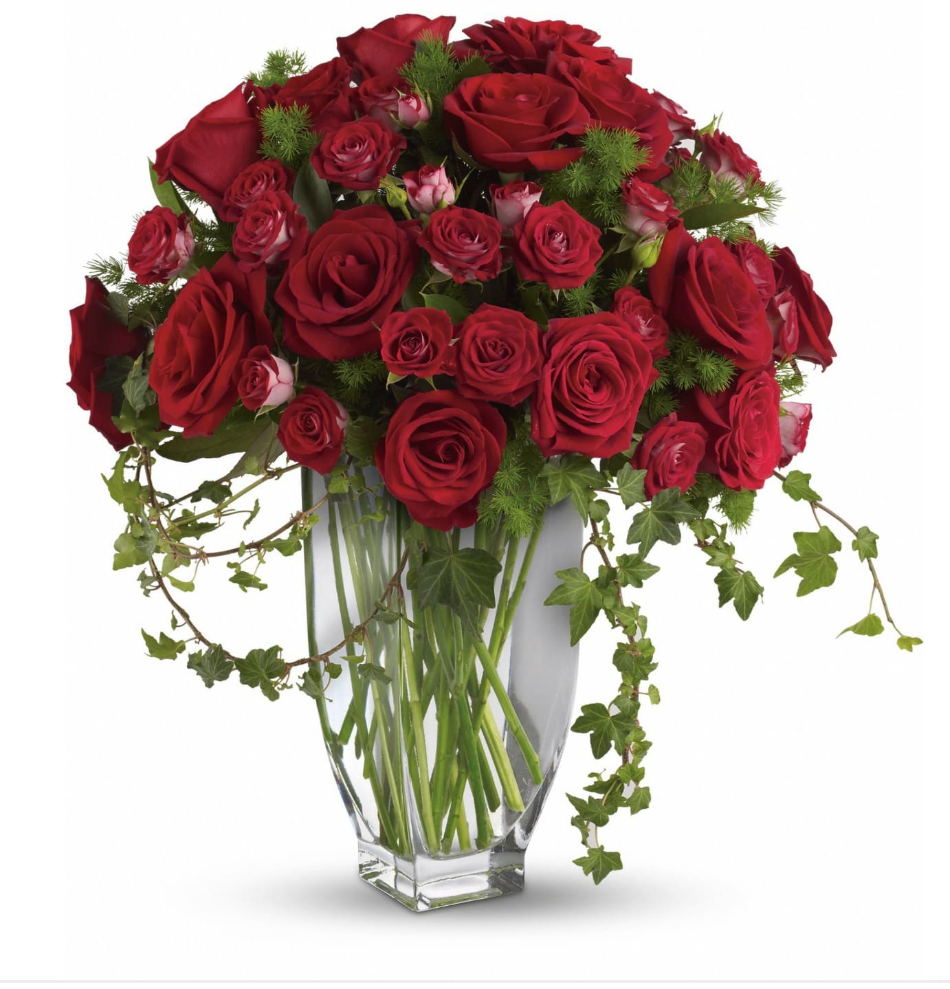 Loving - red roses ivy vine and mini red spray roses