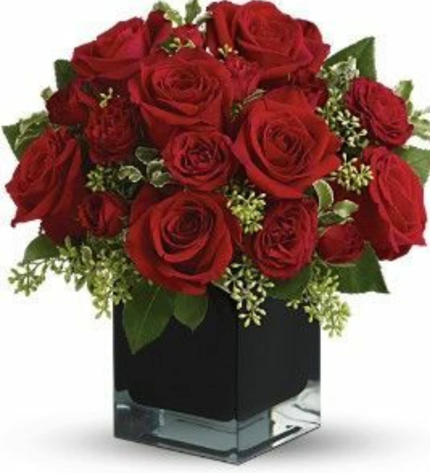 Love and kisses - red roses with eucalyptus leaves