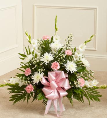 Pink and White Sympathy Floor Basket -  Send a beautiful expression of your love and concern at this difficult time. (Vase/Basket style may vary)    Item # 91207 