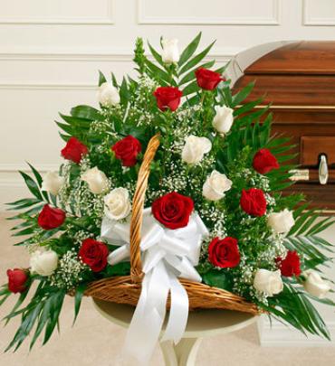 Red and White Rose Fireside Basket -  Send a message of sympathy, love and hope with this basket of white roses.    Item # 91213 