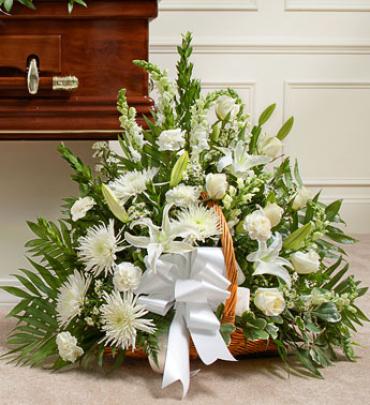 White Fireside Basket White Fireside Basket - Send a message of sympathy, love and hope with this basket of white flowers. (Vase/Basket style may vary) Item # 91204