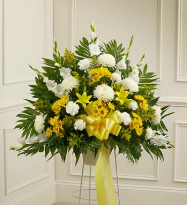 Yellow and White Sympathy Standing Basket Yellow and White Sympathy Standing Basket - This touching tribute reflects all the love and support you feel at this difficult time. (Vase/Basket style may vary) Item # 91263