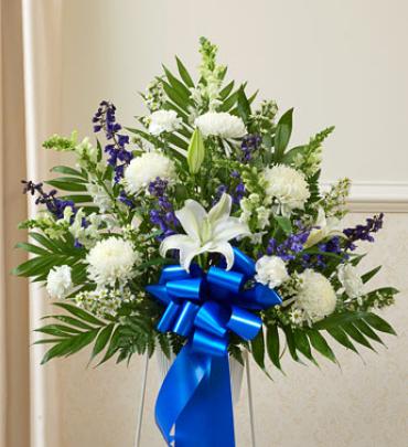 Blue and White Sympathy Standing Basket -  Convey your deepest condolences at this sorrowful time with a touching tribute. (Vase/Basket style may vary)    Item # 91266 