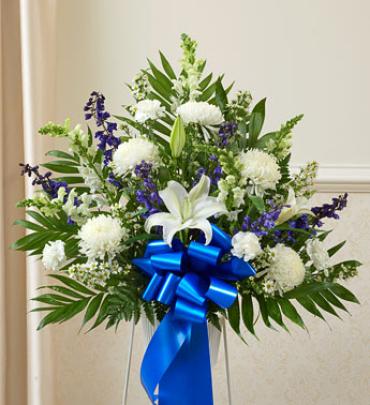 Blue and White Sympathy Standing Basket Blue and White Sympathy Standing Basket - Convey your deepest condolences at this sorrowful time with a touching tribute. (Vase/Basket style may vary) Item # 91266