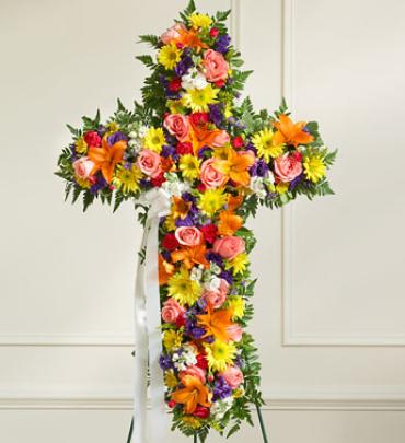 Multicolor Bright Mixed Flower Standing Cross -  Send a beautiful and moving floral tribute that shows your support and love during this difficult time. (Vase/Basket style may vary)    Item # 91378 