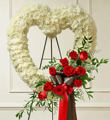 Red and White Open Heart with Red Roses Red and White Open Heart with Red Roses - Send a tribute that reflects your undying love and heartfelt sympathy. Item # 91243