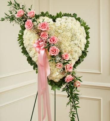 White Heart with Pink Rose Break White Heart with Pink Rose Break - This beautiful floral tribute shows your undying love during this difficult time. Item # 91274
