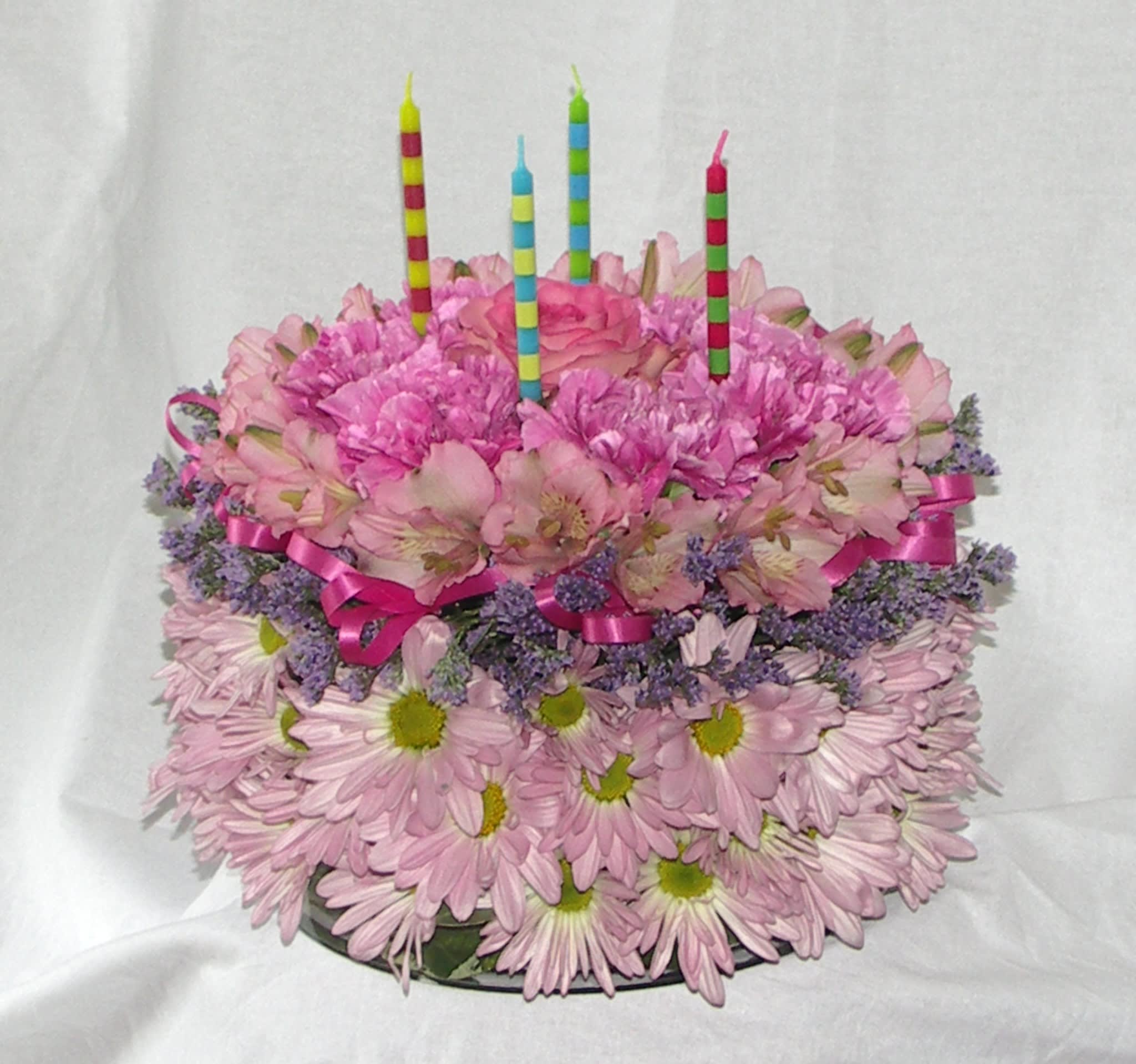 Birthday Delight - Fresh flowers stylized as a cake with candles