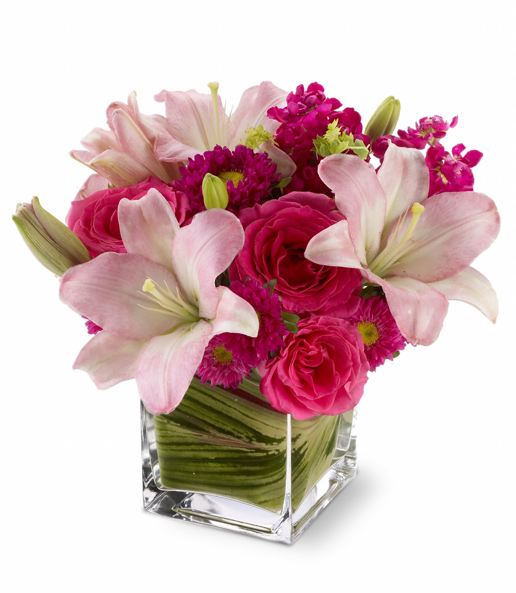 Teleflora's Posh Pinks - Show impeccable taste when you send this stylish bouquet of hot pink roses, pale pink lilies and mixed blossoms, arranged in a modern glass cube vase. Pretty, posh and perfectly high-class!    Hot pink roses and Matsumoto asters, pink LA hybrid lilies and burgundy stock arrive in a clear glass Teleflora cube vase lined with variegated ti leaves.    Approximately 11.5 &quot; (W) x 11&quot; (H)    Orientation: All-Around    As Shown : TFWEB147