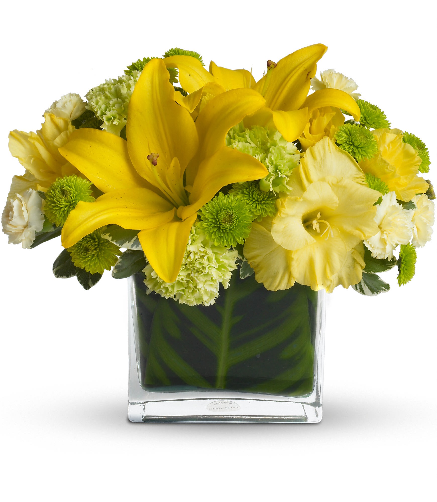 Oh Happy Day by Teleflora - Oh, what a happy day it will be for whoever is lucky enough to have this vase full of joyful and jubilant blossoms delivered to them. Perfect for Happy Birthday or Happy Any Day, this pretty arrangement is sure to inspire smiles!    Dazzling green roses, carnations and button spray chrysanthemums, yellow asiatic lilies and gladioli along with fresh greens fill a rectangular glass vase. Come on! Say it and send it like you mean itâ¦ Oh Happy Day!    Approximately 12&quot; W x 10&quot; H    Orientation: All-Around    As Shown : T27-1A  Deluxe : T27-1B  Premium : T27-1C