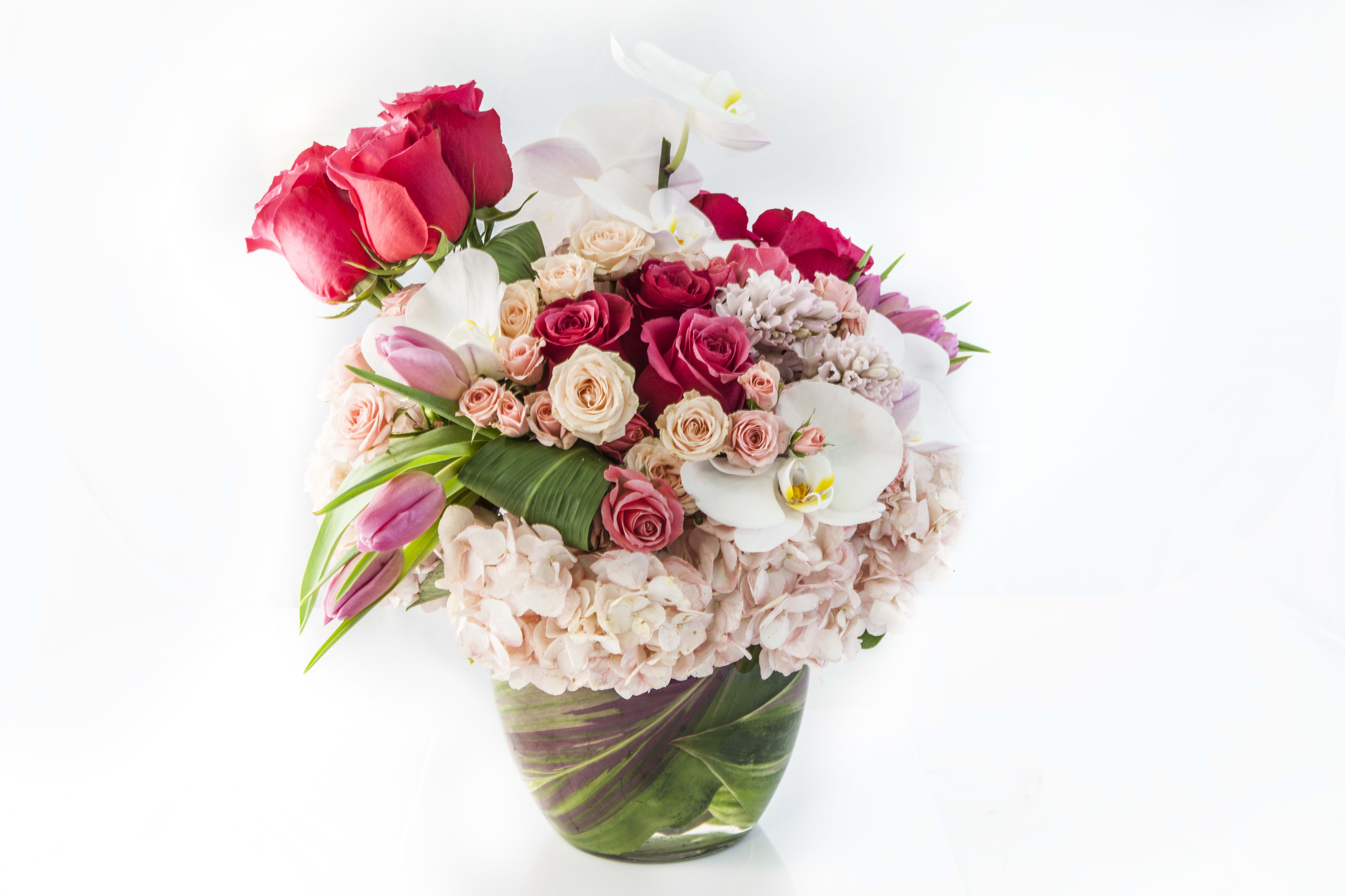 Lovely Pinks - Assorted pink roses, hydrangeas, and tulips.