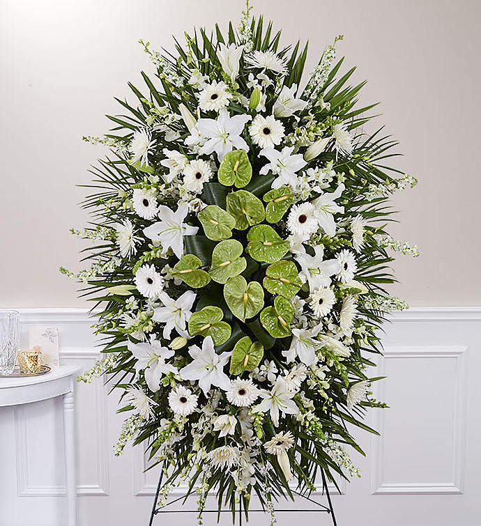 Eternal Grace Standing Funeral spray from 1800flowers - white flowers, lilys, roses, carnations and lush greens