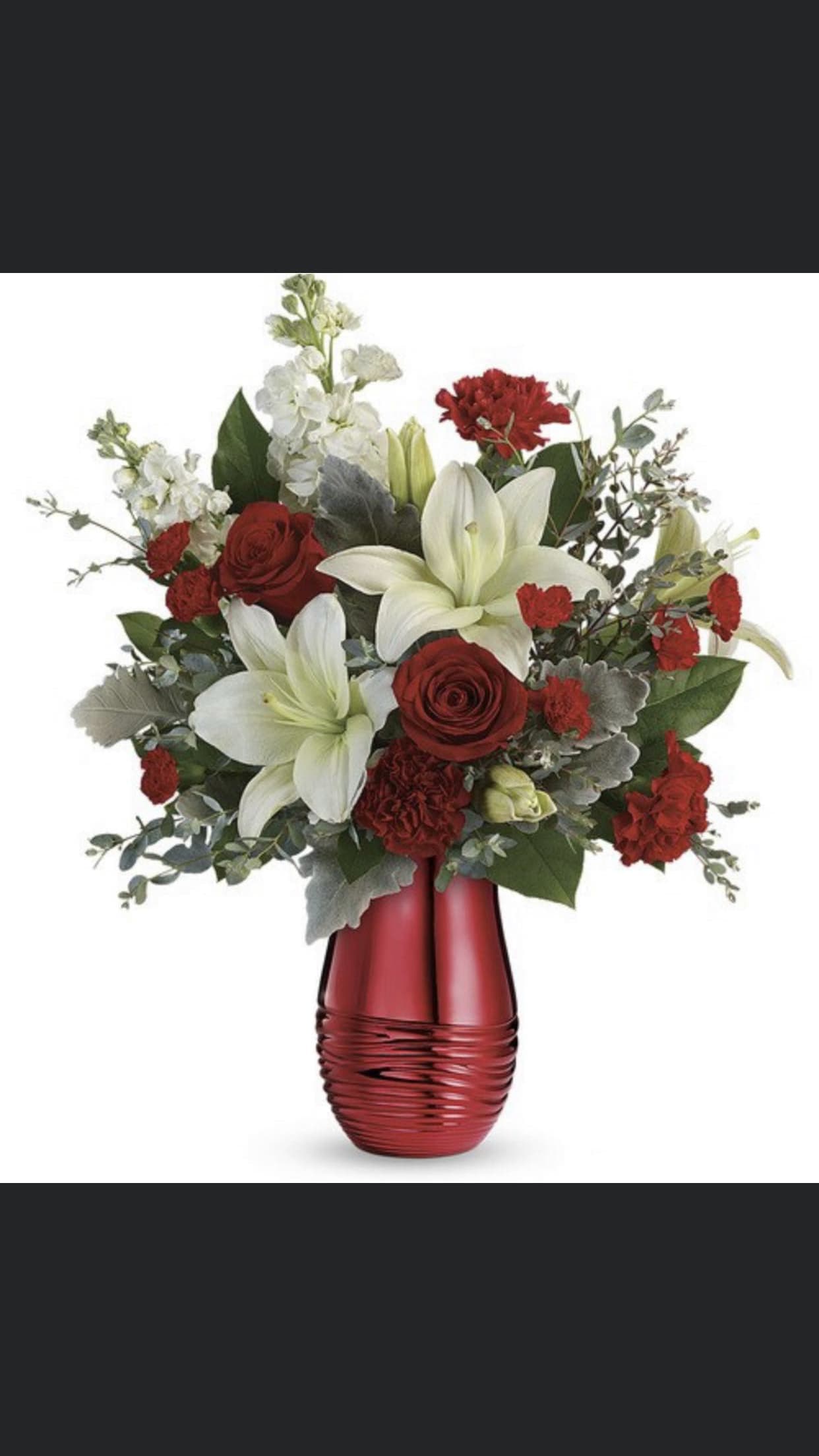 Teleflora’s Radiantly Rouge Bouquet - Red spray roses, white lilys, red mini carnations, red carnations, white stock 