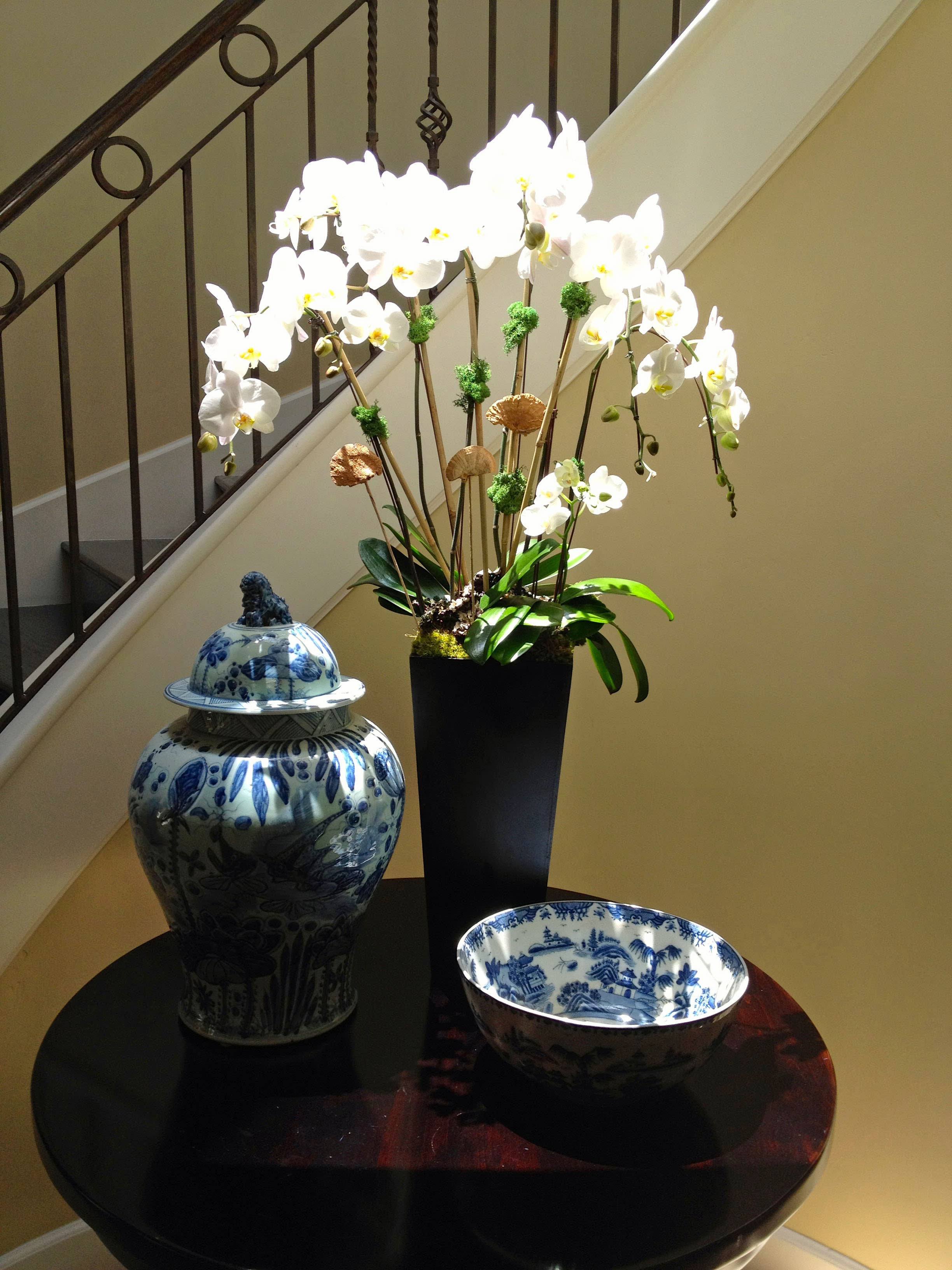 199 Tall multistem decorated orchid - Multistem orchid decorated and displayed from a tall wooden vase