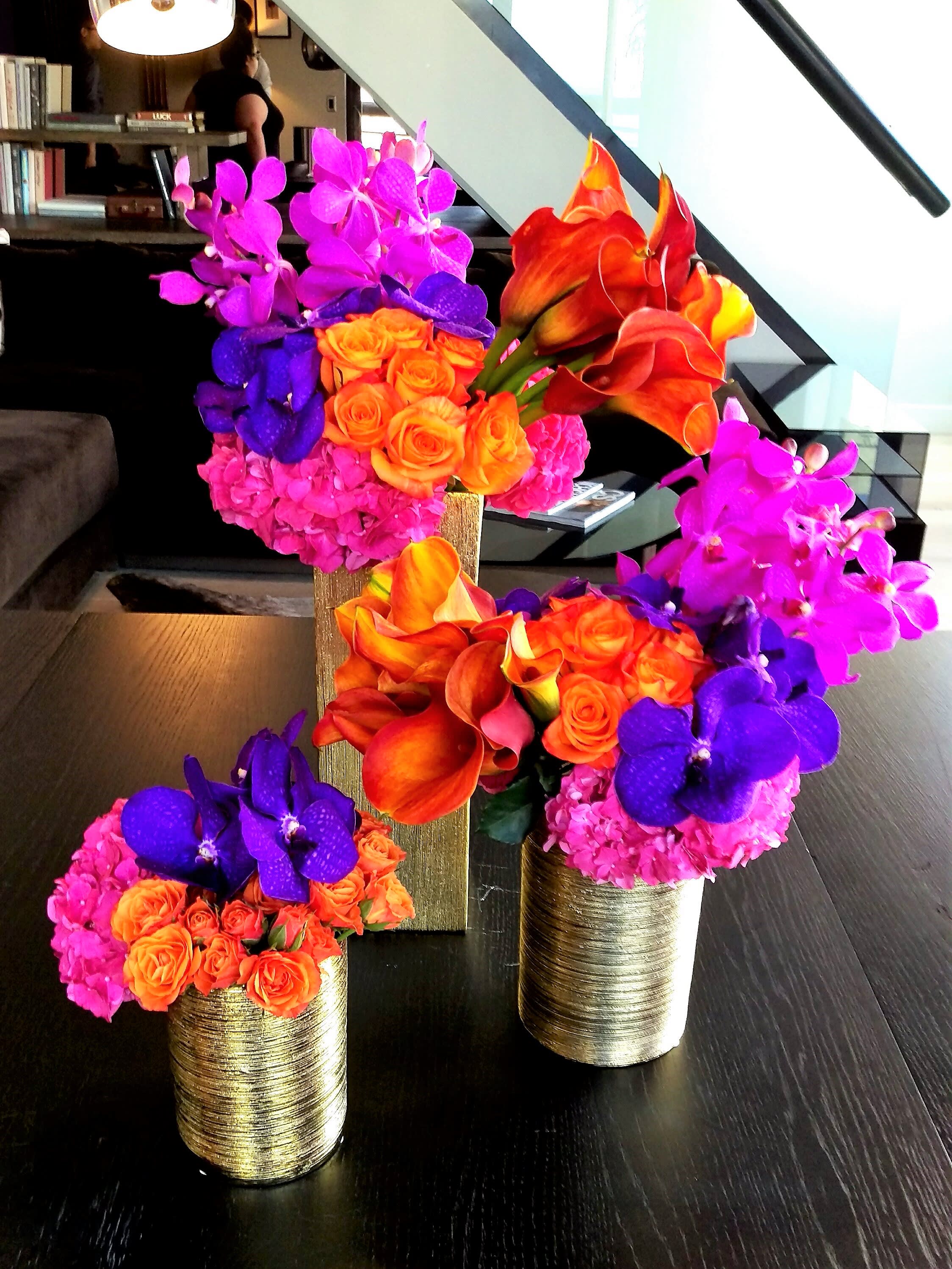 Empire Collection - Hydrangea, calla lillies, spray roses, vanda &amp; mokara orchids in brushed gold containers