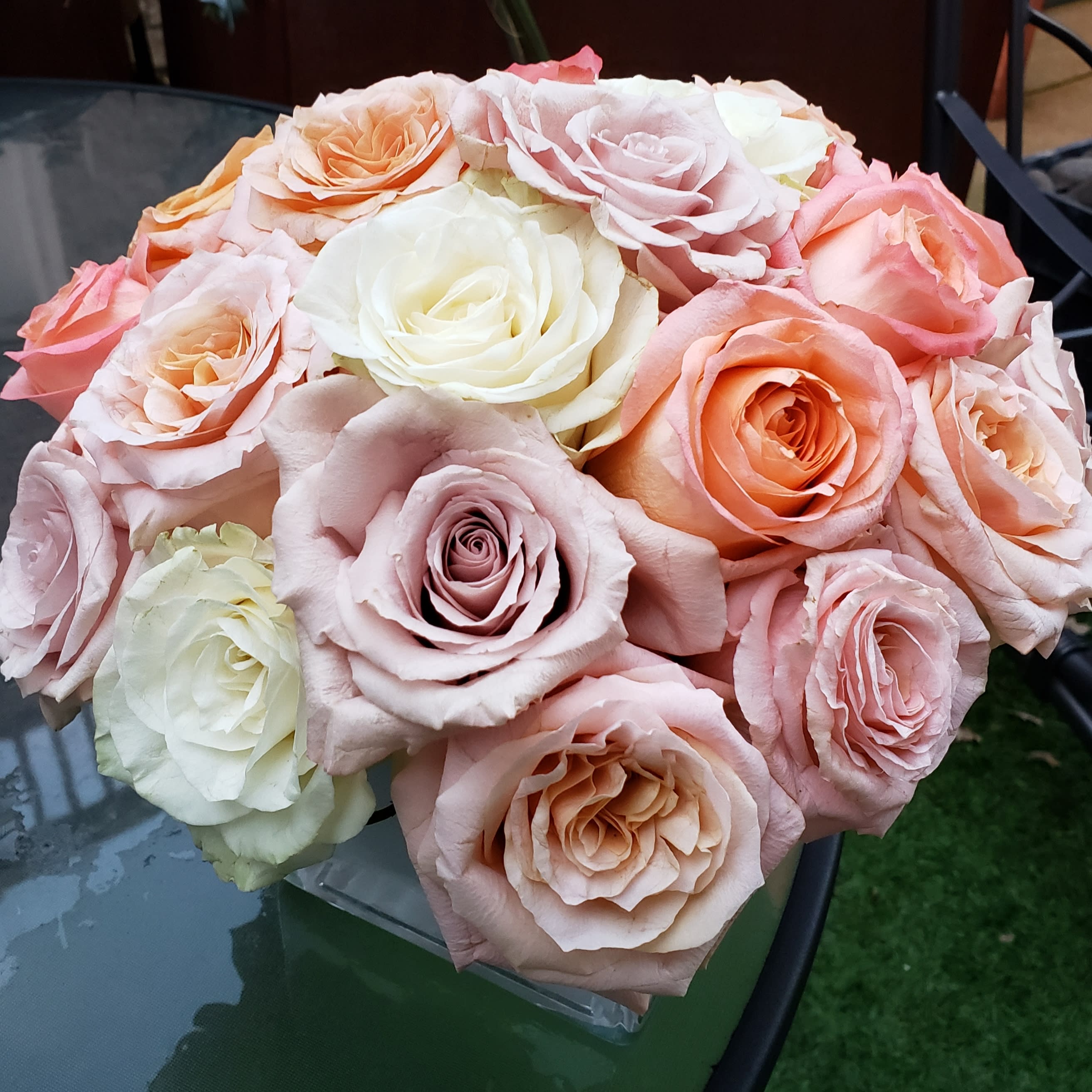 Peaches &amp; Cream  - Shades of peaches &amp; cream roses in a square white glass container. (24stems)