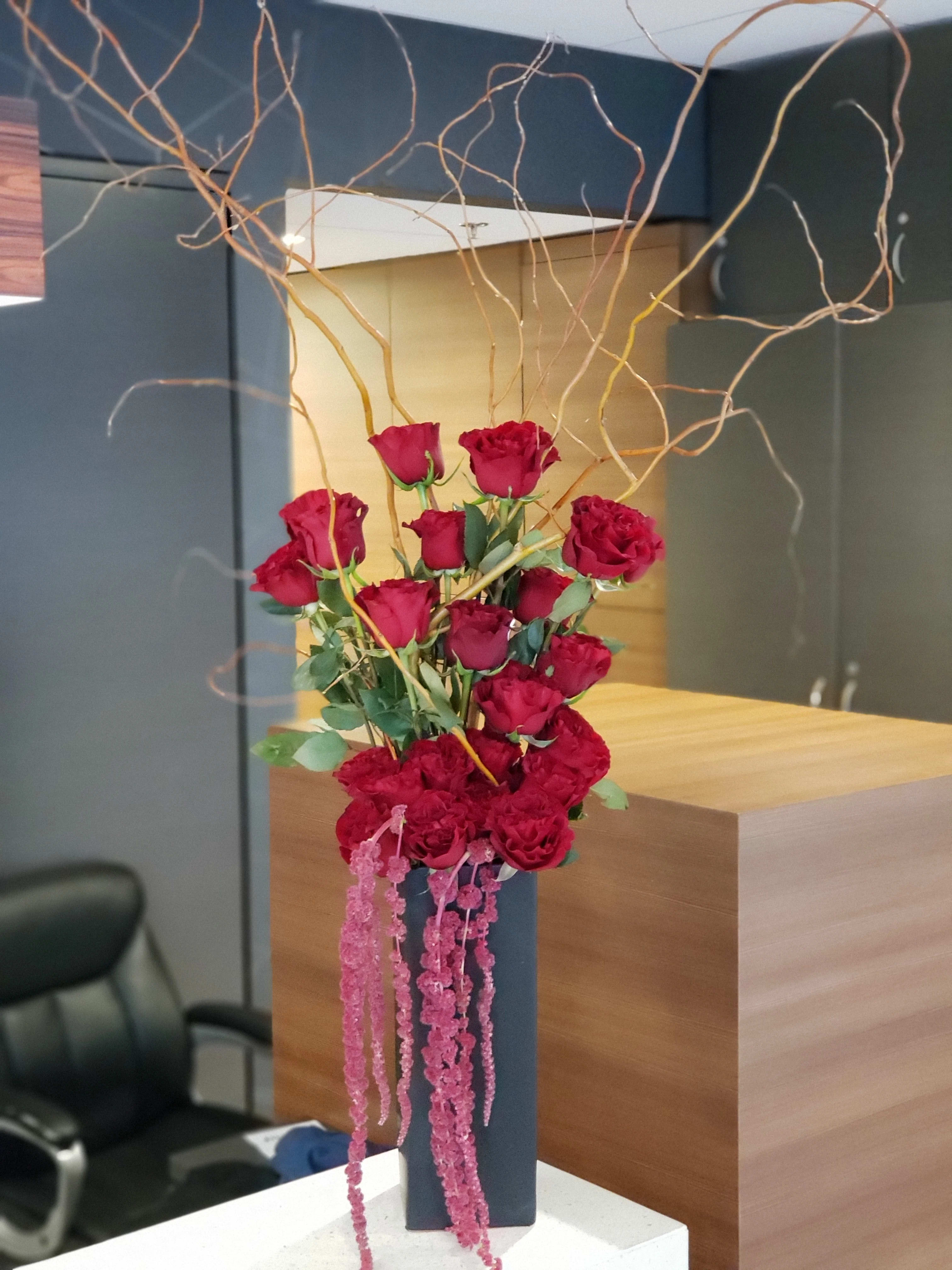XOXOX - 36 velvet red roses, amaranthus with curly willow in a tall black square container. 