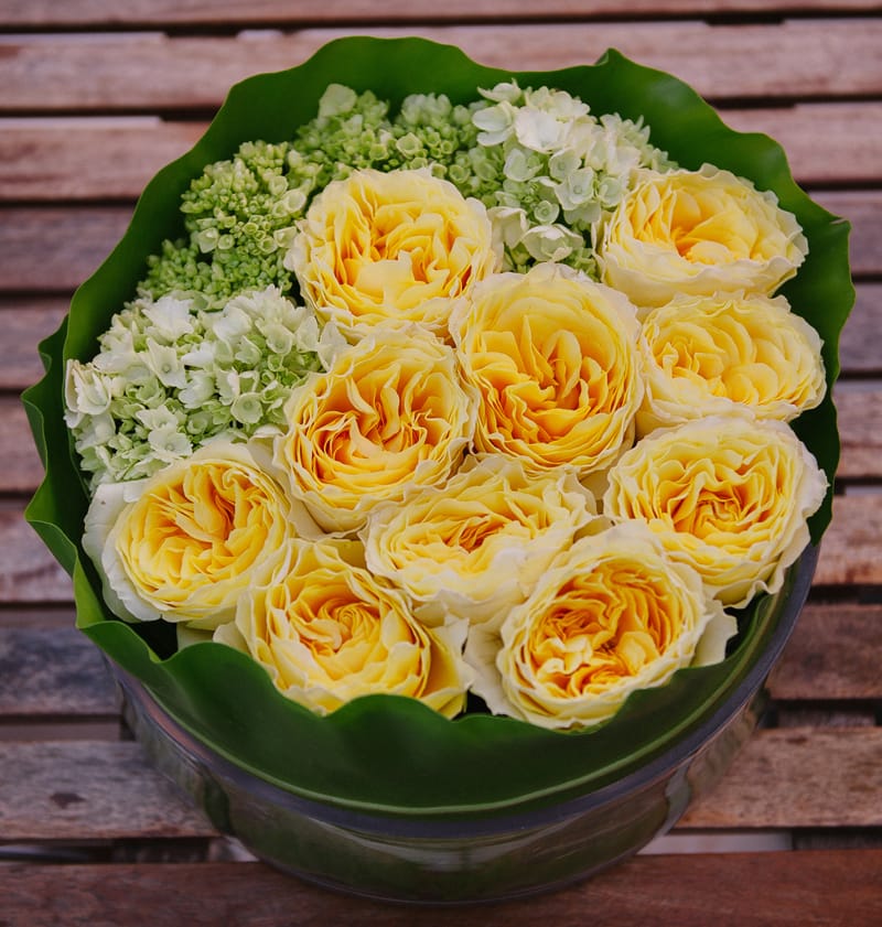 Cheer - This large but shallow cylinder wrapped with banana leaves holds beautiful garden roses open to perfection accented with green hydrangea.  